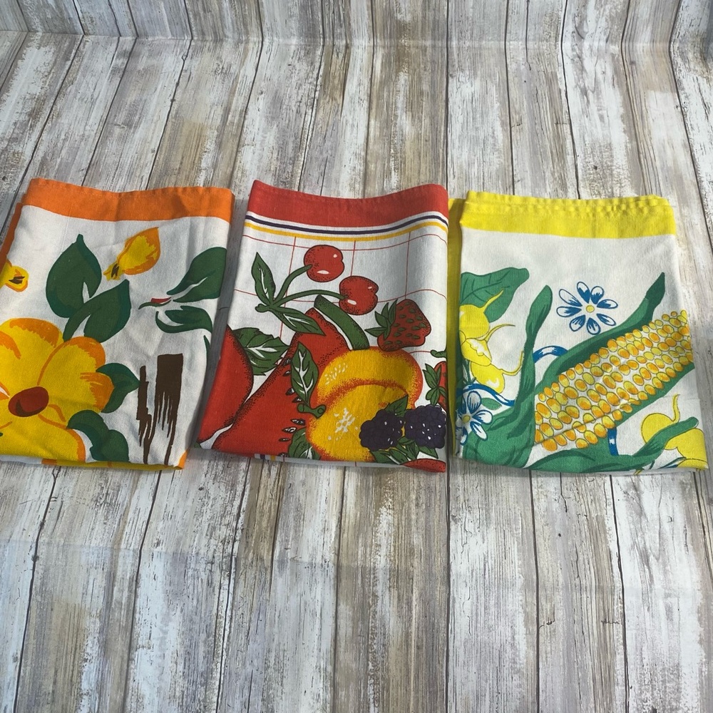 Vintage Style Colorful Tea Towels - Set of 3 100% Cotton Retro Kitchen Linens